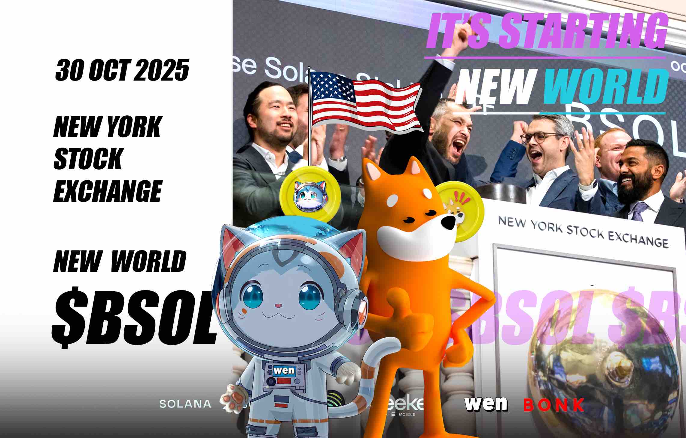 Bell ringing for BSOL at the New York Stock Exchange with the Wen cat and Bonk