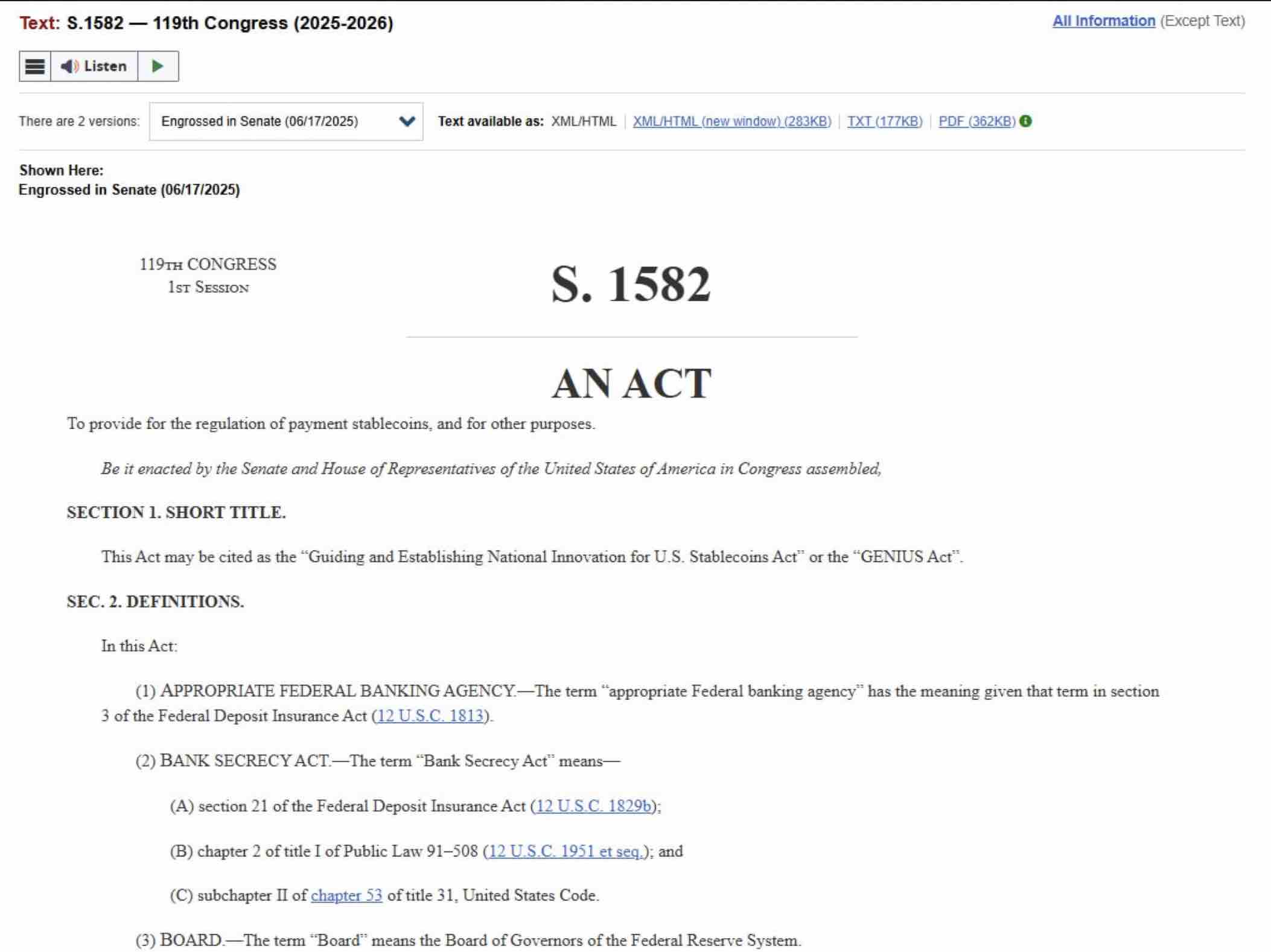 The text of S. 1582, the GENIUS Act, to provide for the regulation of payment stablecoins