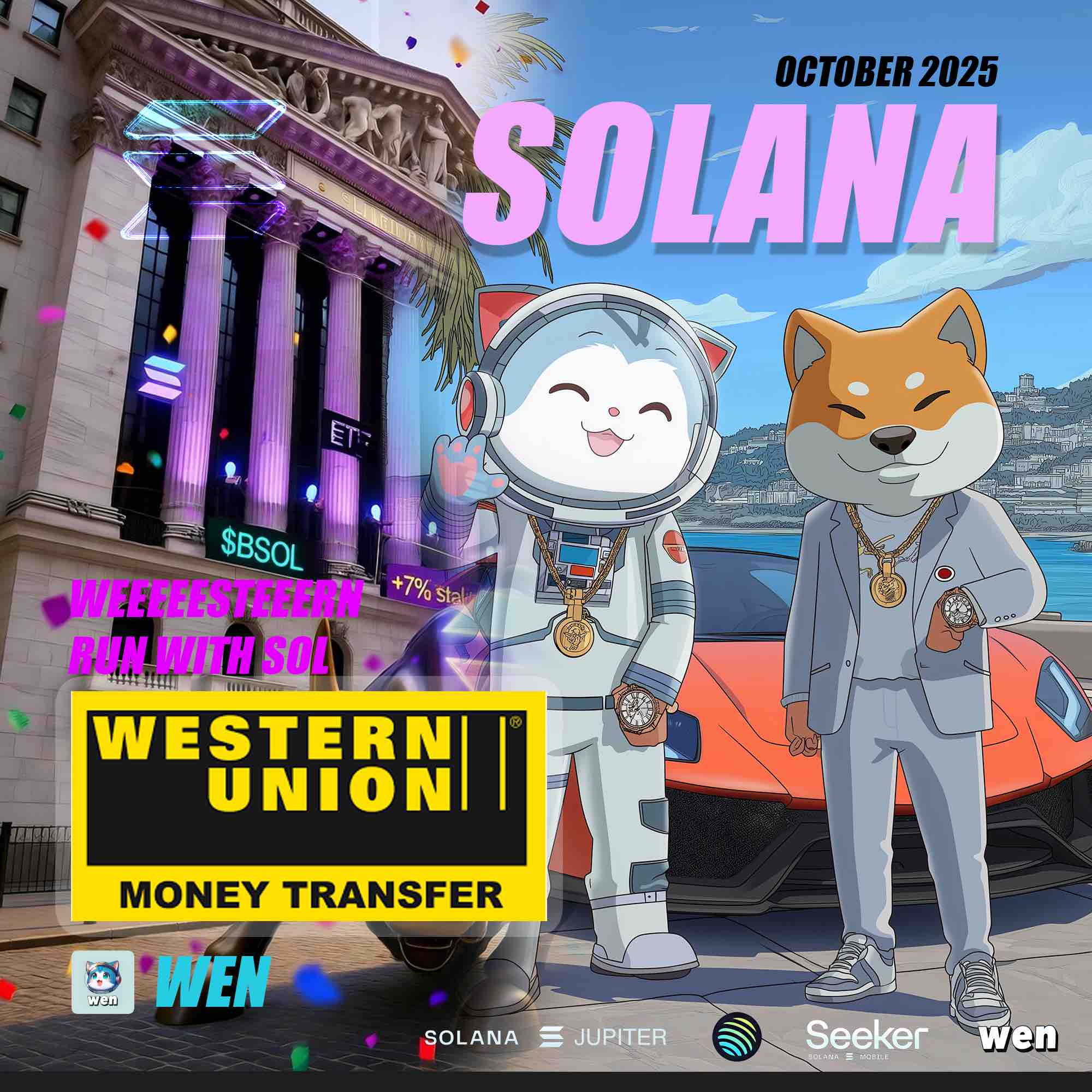 Solana and Western Union, October 2025, with the Wen cat and Bonk