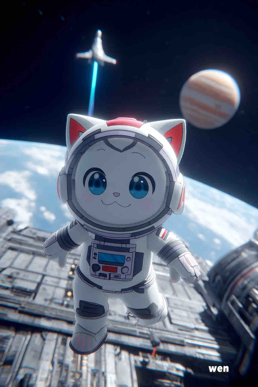 Wen cat astronaut above the planets with a spaceship
