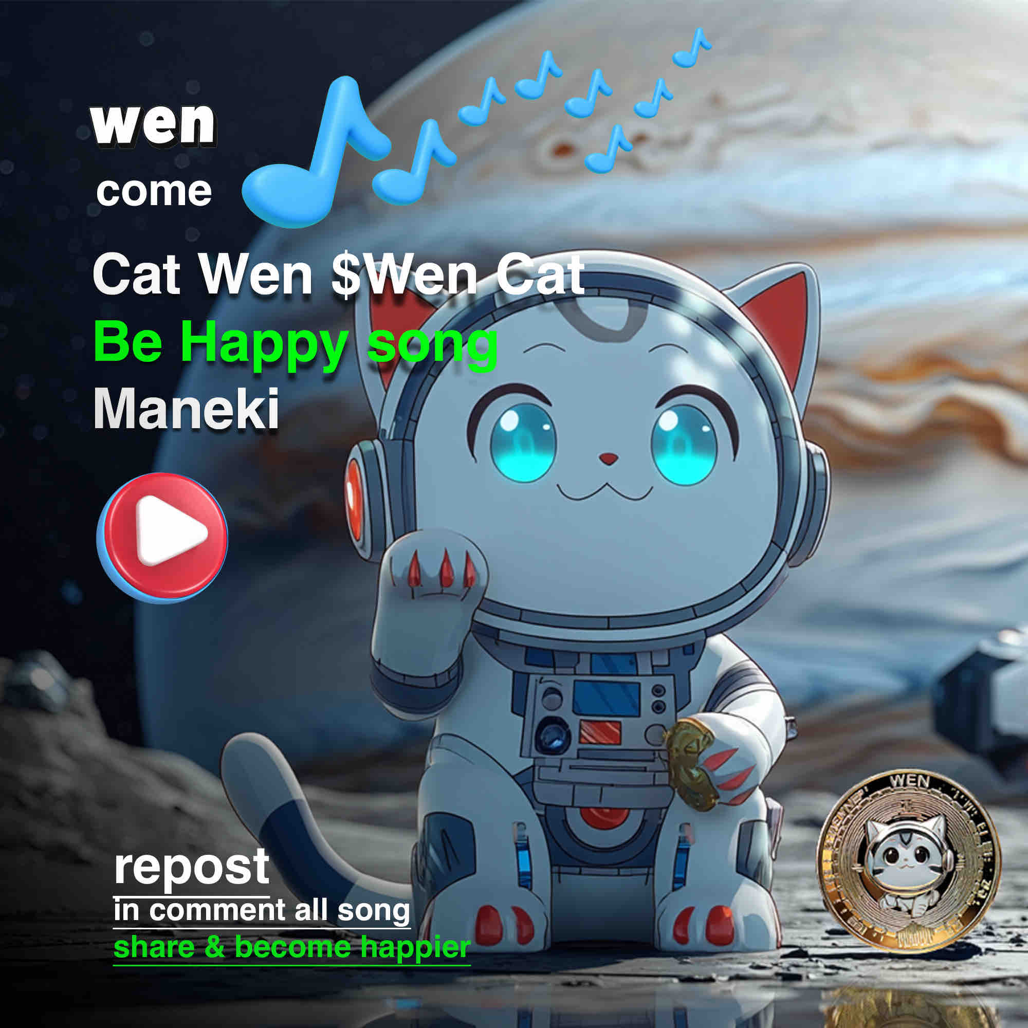 Cat Wen: Be Happy song poster with a beckoning cat